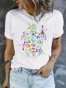 Women's Cute Turtle Print T-Shirt - Short Sleeve Round Neck Casual Top with Relaxed Fit & Medium-Stretch Fabric - - Comfortable Blouse for Casual Attire & Valentine's Day Outfits - Machine Washable Turtle Tee for Casual Outfits