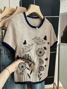 Butterfly Dandelion Print Round Neck Sweater, Casual Short Sleeve Knitwear for Spring Summer Fall, Comfortable Warm Women's Clothing