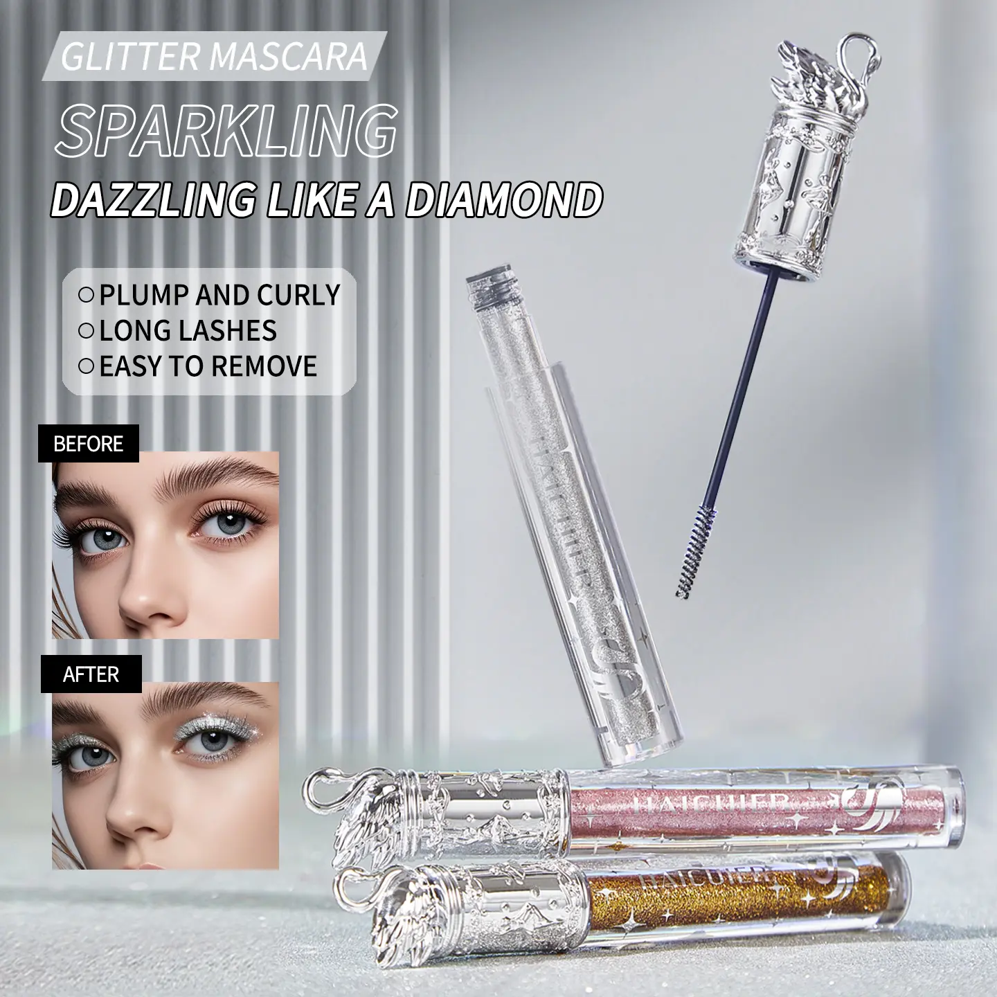 HAICUIER Swan Diamond Glitter Mascara, Sparkling Shimmery Lash Mascara, Waterproof Long Lasting Curling Eye Mascara For Women Party Daily Eye Cosmetic