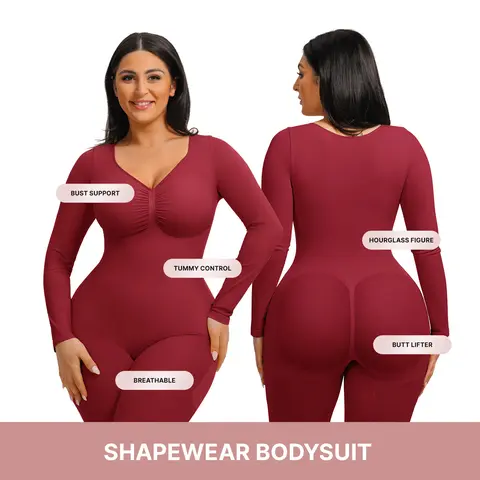 FeelinGirl Women's Long Sleeve Tummy Control Bodysuit V Neck Basic Stretchy Slim Fit Body Suits NewArrivals #SohoChic Seamless Shapewear Curvy girl friendly
