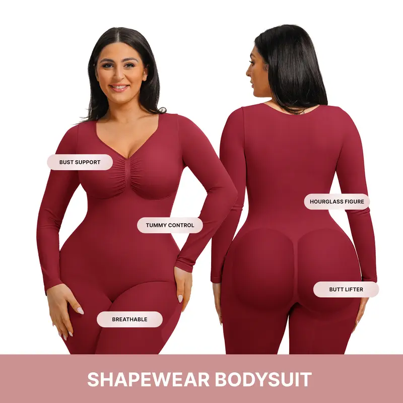 FeelinGirl Women's Long Sleeve Tummy Control Bodysuit V Neck Basic Stretchy Slim Fit Body Suits NewArrivals #SohoChic Seamless Shapewear Curvy girl friendly