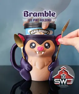 Bramble the Bat Ice Cream Pint Holder – 3D Printed Bat Cup with Spoon Slots & Optional Snack Drawer | 16oz Halloween Gift