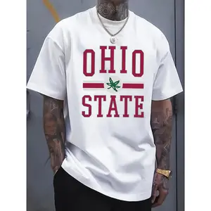 Men'S Cotton T-shirt, Casual Crew Neck T-shirt, Fashion Ohio State Print, Short Sleeve, Machine Washable, Suitable for All Seasons