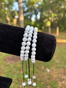 White Tie Beaded Bracelet 1pc - Simple Design with White Beads and Black Strings Attribute: No Additional Information Provided