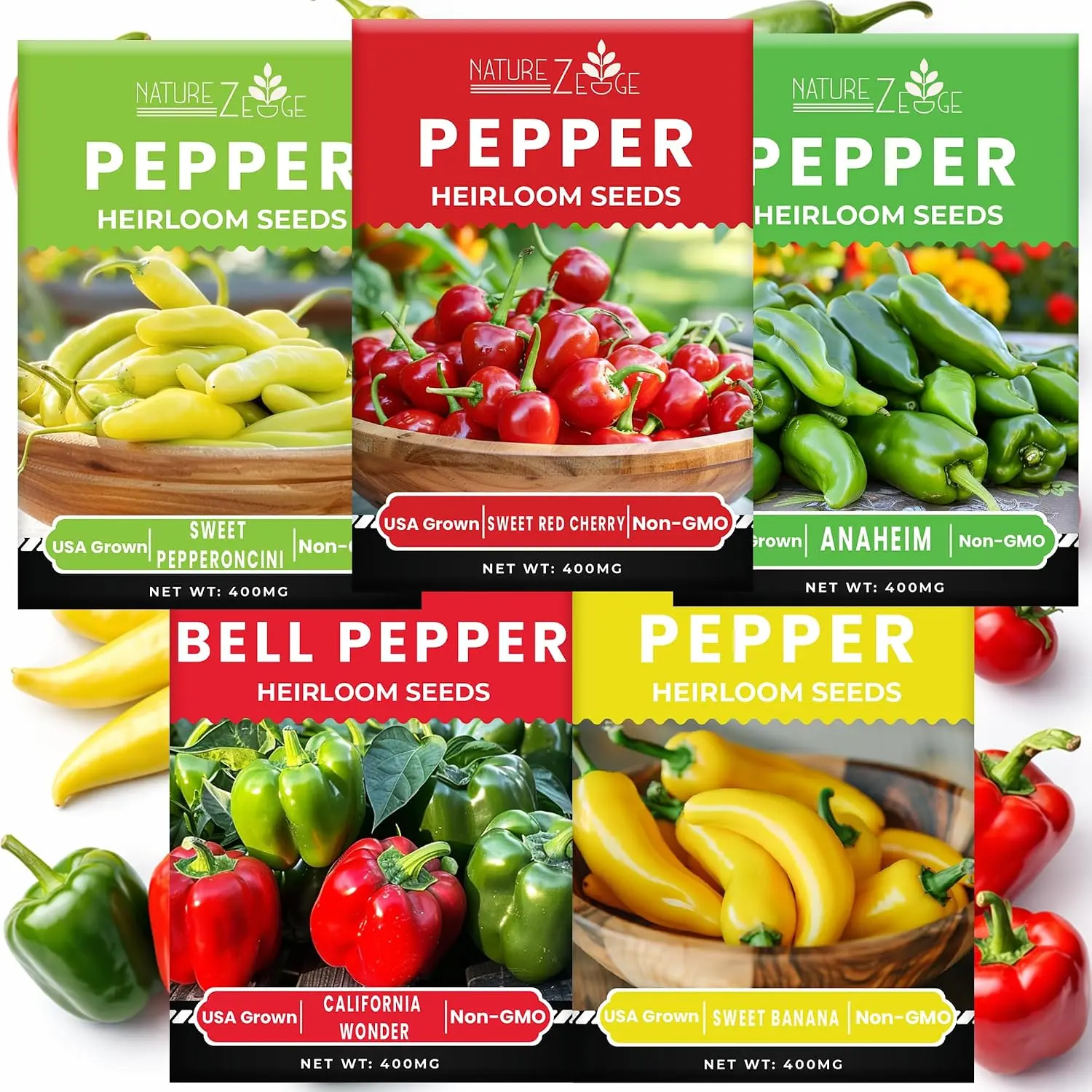 Sweet Pepper Seeds Variety Pack, Includes Banana Pepper, Pepperoncini, Sweet Cherry, Bell Pepper & Anaheim, Heirloom Vegetable Seeds for Home Garden Planting