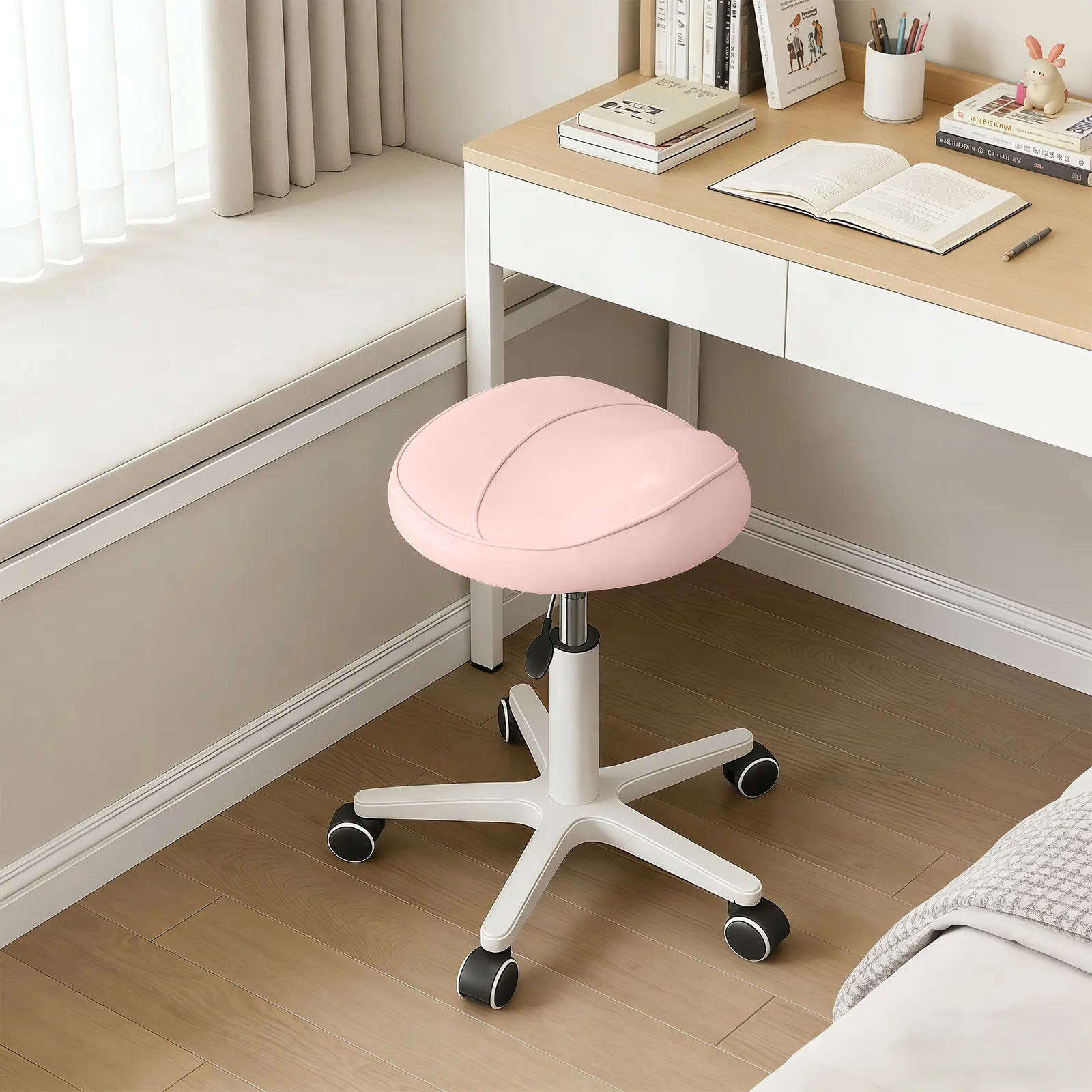 【Summer Sale】Modern Easy Single User Round Seat Sturdy PU Leather Adjustable Saddle Stool - Thick Foam Padded, Ergonomic Swivel Wheels, Height Adjust Function, 280 lbs Capacity, Reduces Back & Neck Fatigue for Hair Salon, Office Desk, Grey, Assembly Requi