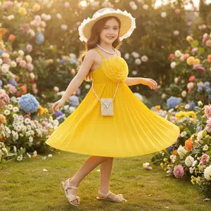 Single Unit Preschool and Elementary Girls Floral A-Line Sundress for Girls, Large Ruffled Rose Chest Detail with Accordion Pleat Flowy Skirt, Lightweight Comfortable Elastic Bodice, Ideal for Holiday Photos and Beach Outings, Sizes 4-7 Years Old.
