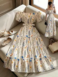 Floral Print Off-Shoulder Long Dress, Lace-Up Waist, Elegant One-Piece, Perfect for Beach Vacations, Garden Photos, Weddings, Dates, Womenswear