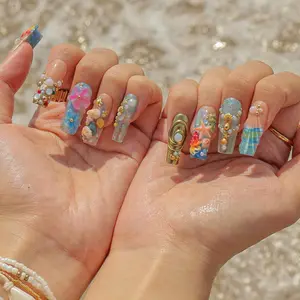Terra Nails – Summer Press On Nails Ocean Garden with Seashell | 3D Flower in Long Square | Handmade Art for Holiday, Vacation, Birthday – TN214