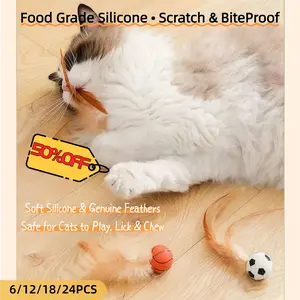 6/12/18/24 Pack Interactive Cat Feather Balls Toys, Bouncy Sports Themed Cat Balls (Basketball Soccer Baseball), Food Grade Silicone Bite Proof Kitten Toys, Self Play Cat Toys for Indoor Cats Boredom Relief Exercise