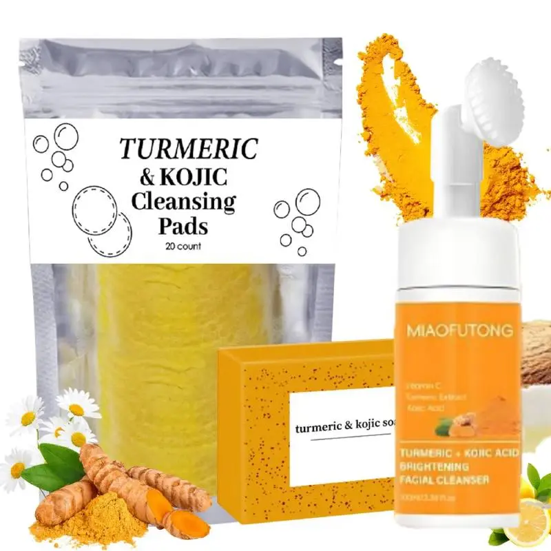 3-Piece Turmeric Skincare Set with Bar Soap, Mousse Cleanser & Pad for a Nourishing Deep Cleanse, Face Care Products for All Skin Types