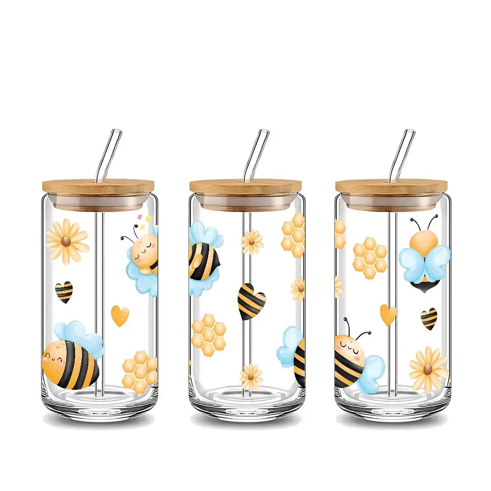 Cute Bee Floral 16oz Glass Water Cup with Lid and Straw, Water Bottles, Bamboo Lid Pink Halloween Reusable Gass Drinking Cup, Glass Jar Design, Suitable for Iced Coffee, Cold Drink Glass Cups, clear water bottle with straw, Glassware