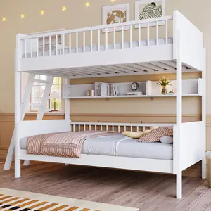 Twin Size Wooden Bunk Bed with 3 Storage Shelves Ladder Changeable Left Right White 48H x 58W x 78D Durable Sturdy Build for Room Secure & Stable Construction