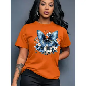 100% Cotton Butterfly Pattern Women's T-shirt Short Sleeved Casual Round Neck Top Spring Summer Autumn Soft Comfortable Fit Fabric Graphic Medium