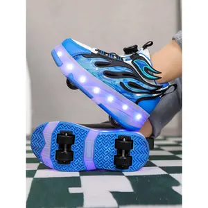 Boys Four-Wheel Roller Skates, New Wheel Sports Shoes, Adjustable Rotating Buckle, LED Light-Up, USB Charging, All Seasons