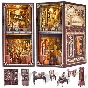 DIY Book Nook Kit 3D Wooden Puzzle Miniature Toy House Book Corner Kit Bookshelf Block Bookshelf Insert Decoration With LED Lights and Glue Suitable for Adults and Teens (Butterfly Collection Room)