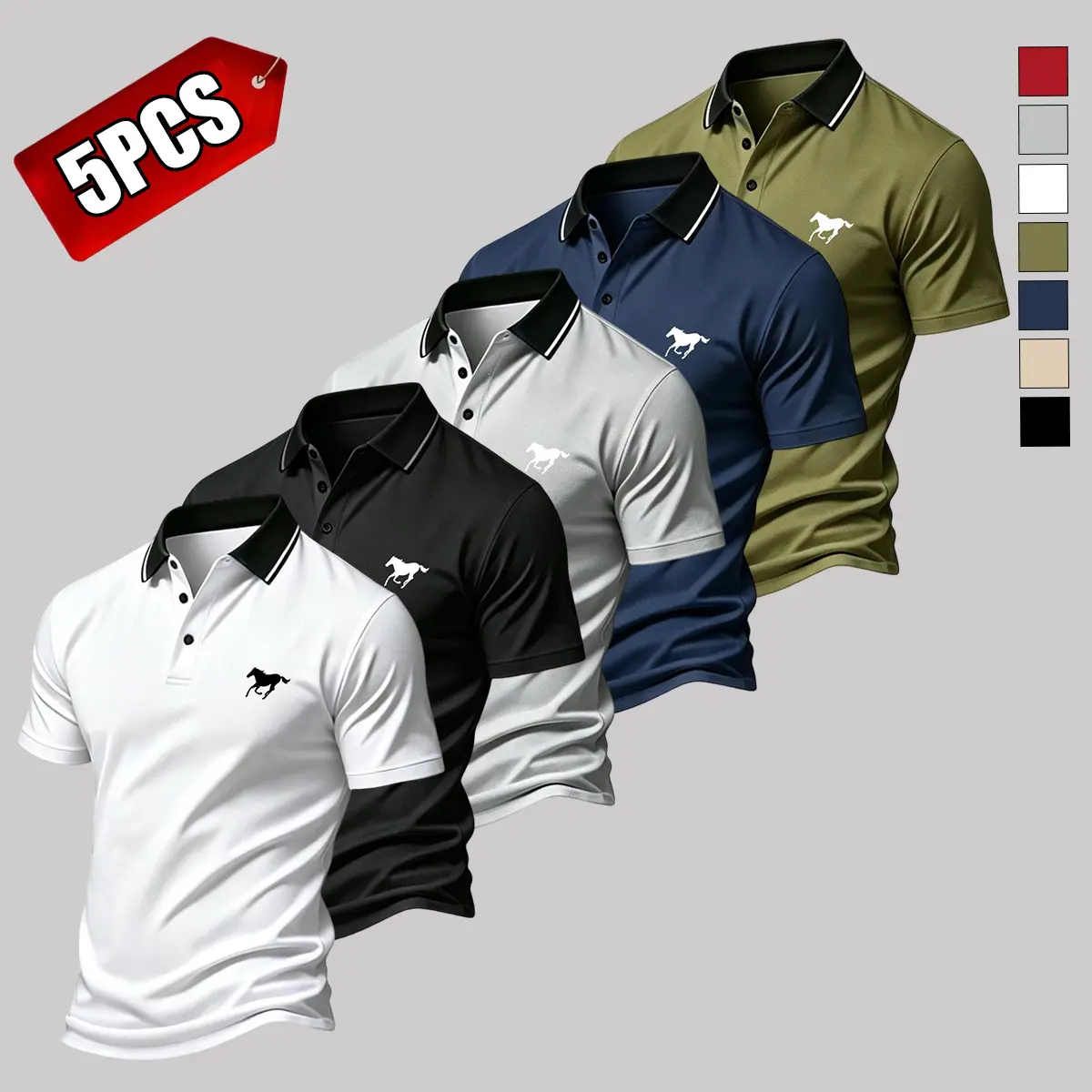 Pack of 5 men’s shirts with a polo collar—short sleeves, business-casual style, regular fit, comfortable breathable fabric; ideal athletic wear for tennis and golf.