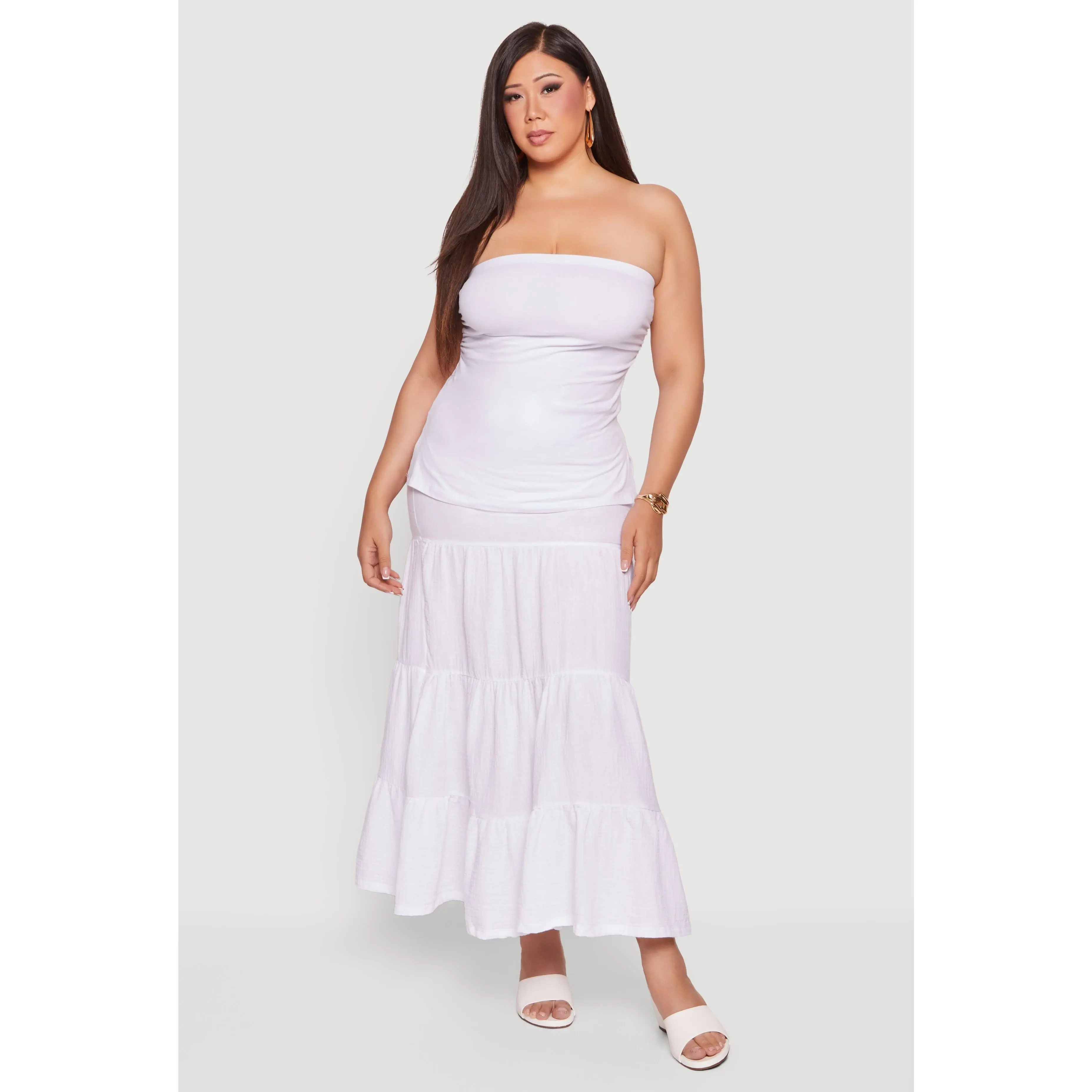 Plus Size Smocked High Waisted Tiered Maxi Skirt