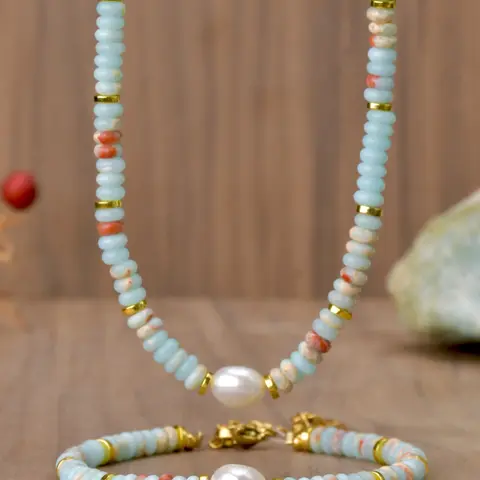 Natural Shoushan Stone Freshwater Pearl Necklace Bracelet Set, Elegant Jewelry Gift for Women, Handmade Craftsmanship Beauty Originality