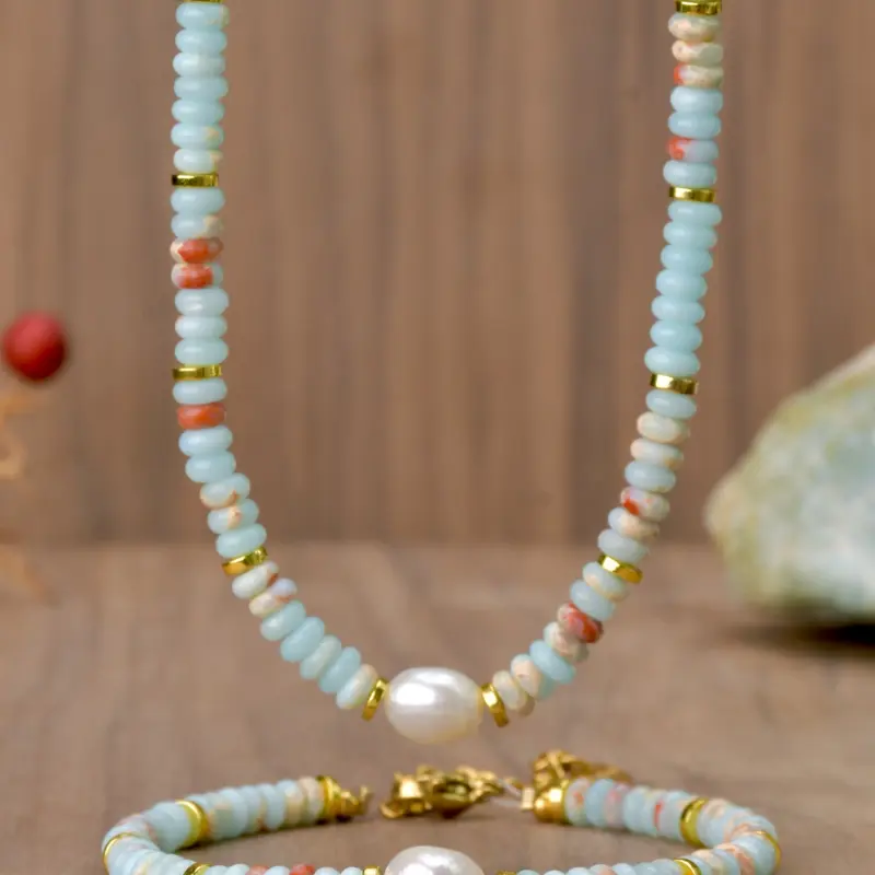 Natural Shoushan Stone Freshwater Pearl Necklace Bracelet Set, Elegant Jewelry Gift for Women, Handmade Craftsmanship Beauty Originality