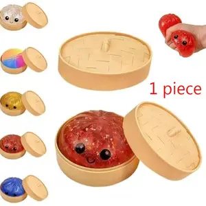 Cute Steamed Bun Stress Relief Toy, Soft Elastic Squeeze Ball, Anxiety Reliever, Includes Steam Box, Perfect for Relaxing
