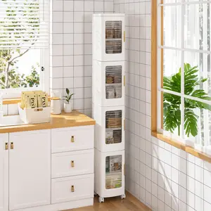 VECELO Foldable Rack Installation Free Storage Bins Boxes with Door Lids and Wheels Stackable Closet Organizer Display Case Shoe 4 Layers for Kitchen Bedroom Office Living room Entryway Cart Storage Cabinet Adjustable Compartment Decor Makeup Cart