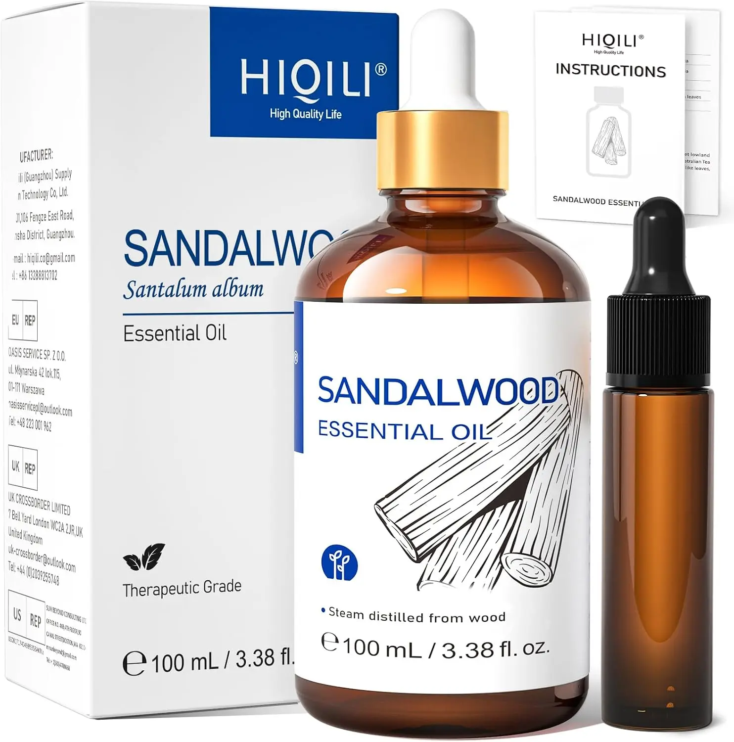 HIQILI Steam Distilled Sandalwood Essential Oil - Aromatherapy Calming Oil for Diffuser, Skin Care, Hair Care, 10ml Travel Bottle for DIY Projects