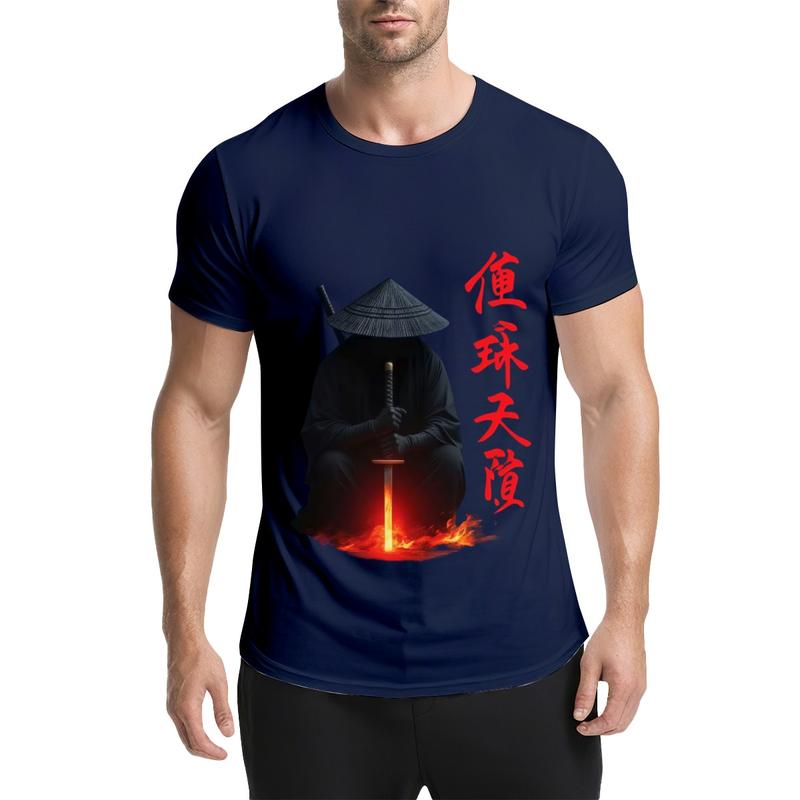 Men's Samurai Ninja Graphic T-Shirt - Crew Neck Short-Sleeve Casual Streetwear Top with Cool Warrior Sword Art Print