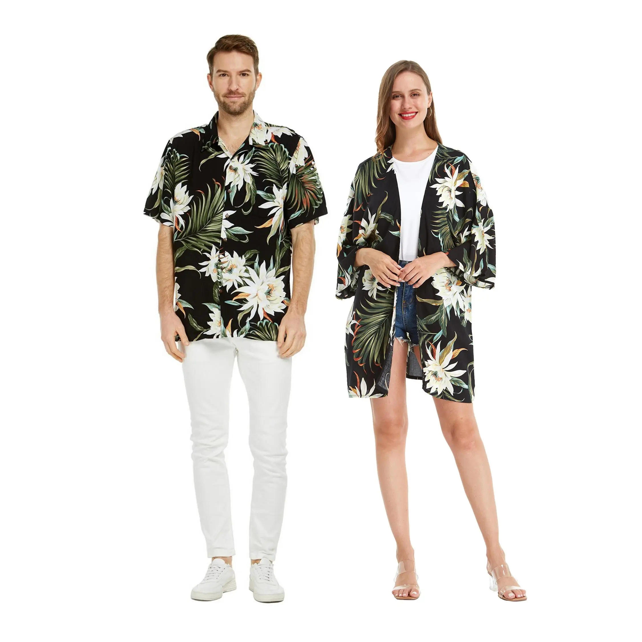 Matchable Couple Hawaiian Luau Shirt or Kimono in Wispy Cereus Black
