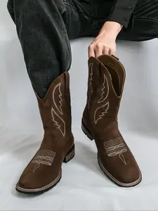 Men's High-Top Western Cowboy Boots, Velvety Embroidered Pattern, Square Toe Design, Stylish and Comfortable, Perfect for Casual Wear