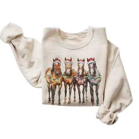 Retro Santa Hat Horses Christmas Sweatshirt, Women's Casual Long Sleeve Pullover, 90s Boho Cotton Equestrian Sweater
