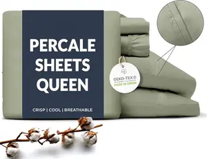 Cotton Percale Sheets  Size - Cool & Crisp Hotel Feeling, Breathable, Softer After Each Wash, Fitted Sheets with Deep Pockets, Double-Elastic & Corner Straps, Z-Hem Luxury Stitching