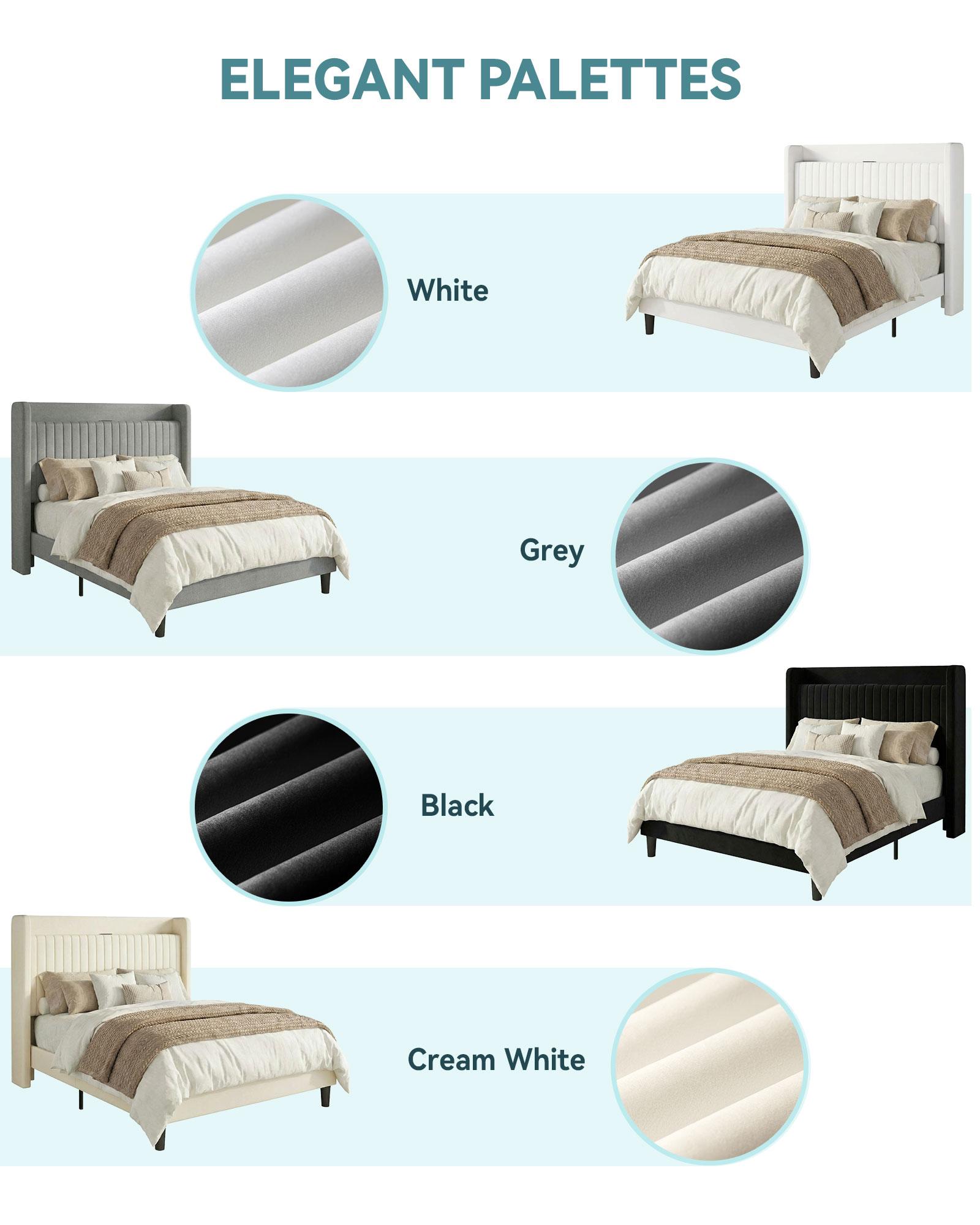 HOOMIC Full/Queen/King Platform Bed Frame with USB Ports, Upholstered Velvet Wingback Headboard, Wooden Slats, and Storage Shelf – Easy Assembly, No Box Spring Required, Black/White/Grey/Cream White#SummerVibes HOOMIC Full/Queen/King Platform Bed Frame with USB Ports, Upholstered Velvet Wingback Headboard, Wooden Slats, and Storage Shelf – Easy Assembly, No Box Spring Required, Black/White/Grey/Cream White#SummerVibes