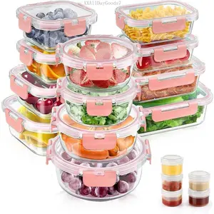 34 count Glass  Storage Containers with  Set, Airtight Glass Meal Prep Containers (17 Containers & 17 ), Leak Proof Lunch Containers , Microwave, Oven, Freezer, Dishwasher Safe-XXAllDayGoods7