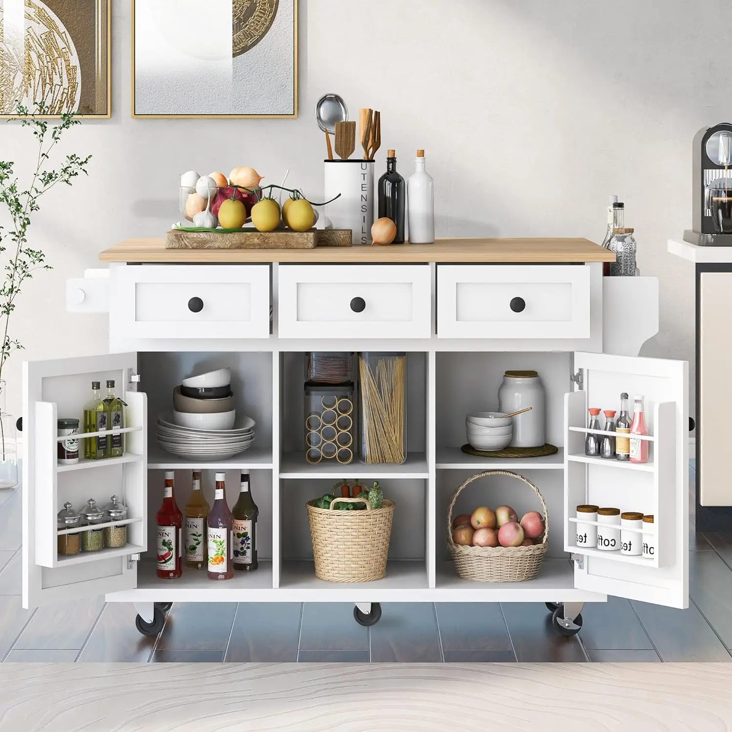 White 53" Rolling Kitchen Island Cart - Rubberwood Drop Leaf Countertop, 3 Drawers, Storage Cabinet with Door Racks, Adjustable Shelves, Spice Rack, Towel Bar, 5 Lockable Casters, Space-Saving Indoor Furniture