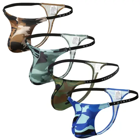 Men’s Sexy Camouflage G-String Underwear, Low Rise Stretchy Comfort Camo Print T-Back Thong, 4 Pack Multicolor
