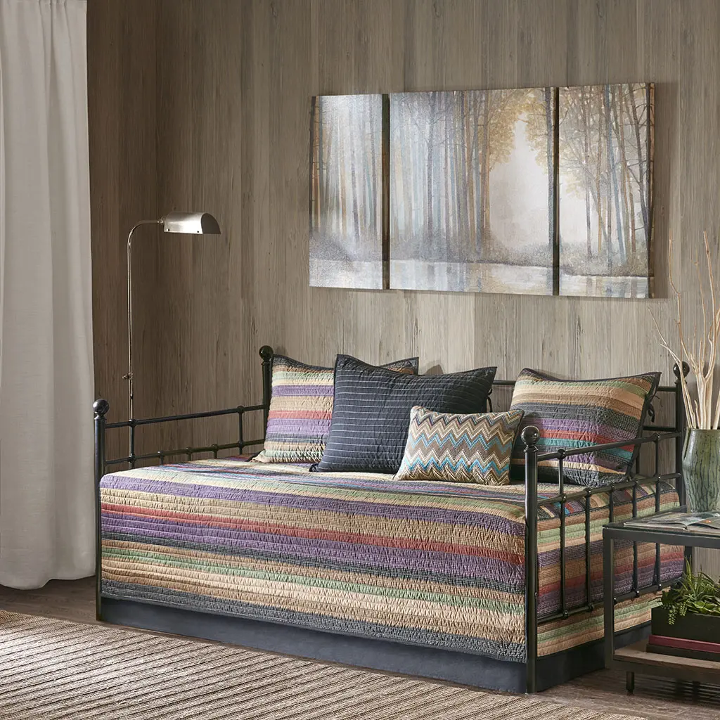 6-Piece Reversible Daybed Cover Set, Bedding Sets for Twin Size Bed, Lodge Look Stripe Print Bedspread & Coverlet