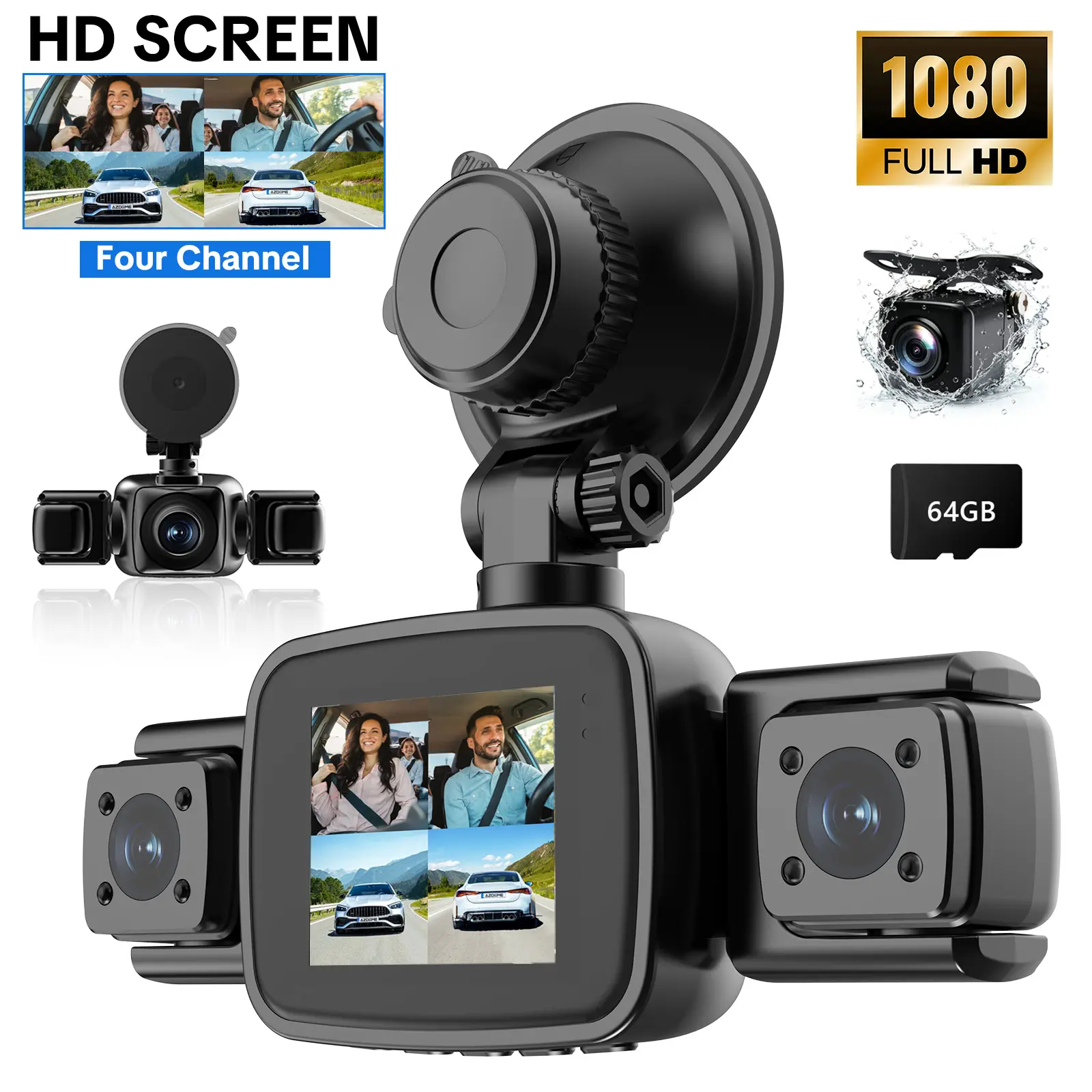 【PASLDA】 4 Channel Car Dash Cam | 4 Lens All Around Monitor |  Built-in WiFi | 64GB Card Included | HDR Clear Night Vision | Plug and Play No Battery | Car DVR Automotive Video Surveillance | Perfect Holiday Gift for Dad