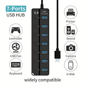 Multiple 7 Ports USB Hub with 1.2 Meter Extend Cable, 3.0 Version USB Hub with High Speed Data Transfer Feature
