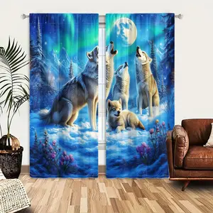 2pcs Window Curtains, A wolf pack, including a cub, howls at the full moon and aurora borealis in a snowy mountain forest.Window Drapes for Bedroom Living Room, Rod Pocket Window Treatment, Home Decoration Curtain