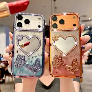 Gradient Glitter Butterfly Case Shockproof Cellphone For iPhone 17 Pro Max 17 Air Love Heart Make-up Mirror Diamond Shockproof Cover