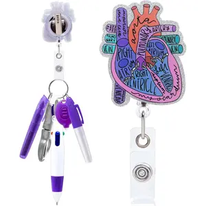 6 count Nurse Pen Set - Heart  Badge Reel Permanent Marker Ballpoint Pen Mini Highlighter Foldable Badge  LED Flashlight  Nurse Badge Reel Accessories for Work Students ()