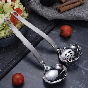 Soup Ladle Metal SUS304 Stainless Steel Ladles Spoon And Slotted Colander Spoon Set Small Soup Ladle With Holes Strainer Scoop Ladles For Serving Gravy Hot Pot Or Restaurant, 2 Piece Set