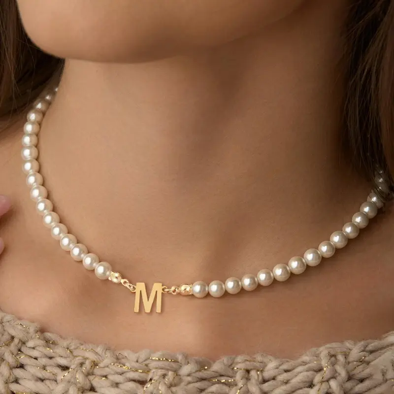 Faux Pearl Decorated Initial Necklace for Women, Letter Necklace, Decorative Necklace, Stainless Steel Jewelry for Party, Daily Clothing Decor, Jewelry for Birthday Gift, Jewelry Party