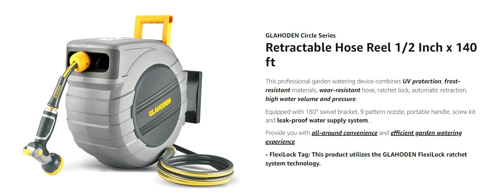 GLAHODEN Upgraded Retractable Garden Hose Reel, 1/2 Inch x 130 ft Wall Mounted Hose Reel, Heavy Duty Garden Hose Reel with 9 Patterns Nozzle, Any Length Lock, Upgraded Slow Return System and 180° Swivel Bracket Automatic Watering Devices