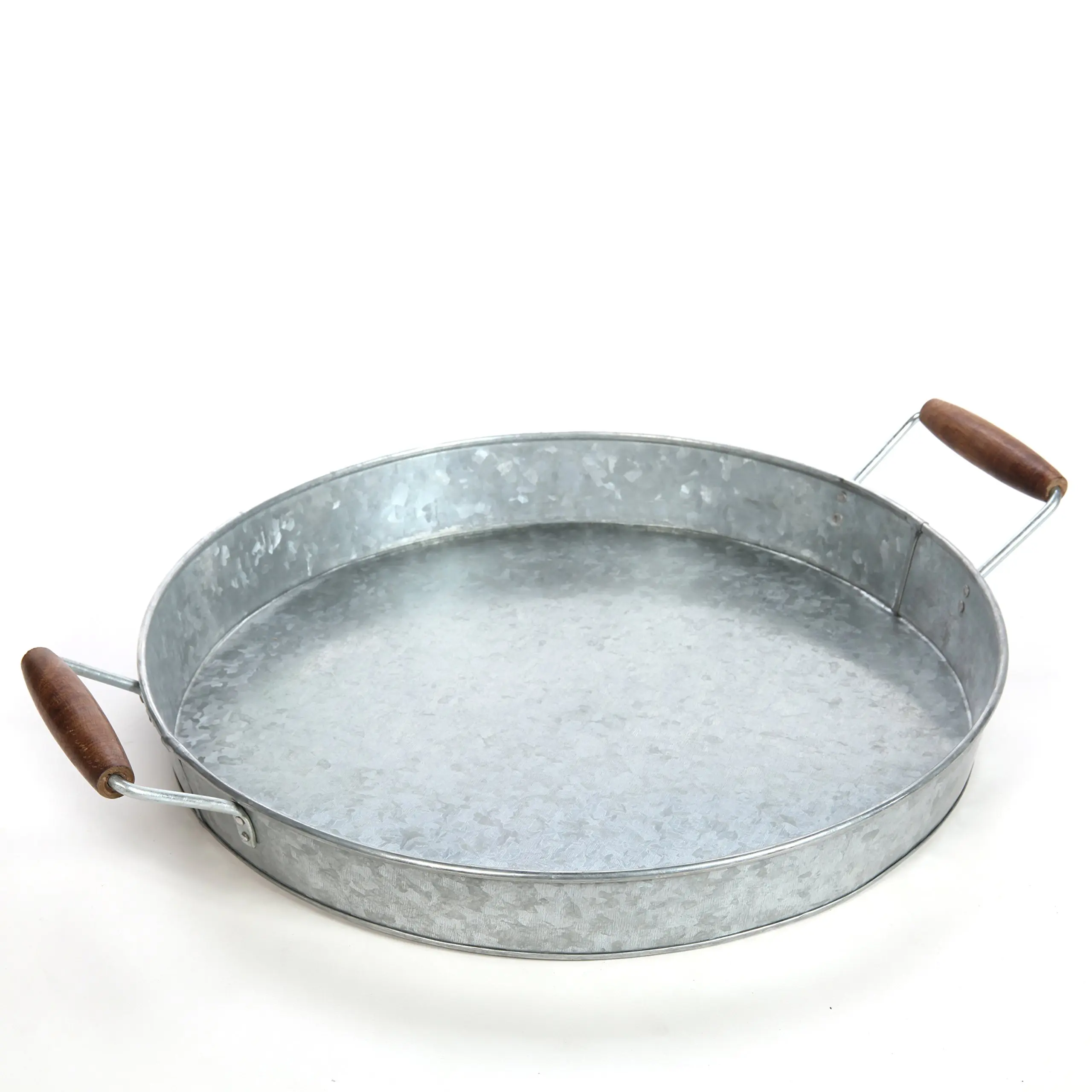 Galvanized Tray with Wooden Handles - 16 Inch Diameter (Handle to Handle 19.69 Inch) Galvanized Tray with Wooden Handles - 16 Inch Diameter (Handle to Handle 19.69 Inch)