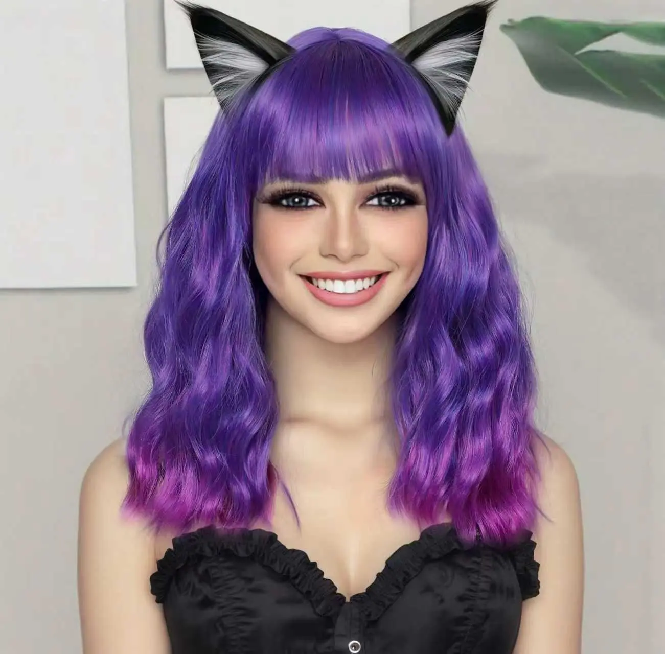 Purple-Pink Ombre Wig Short Curly Wig With Bangs For WomenPurple-Pink Wig 16" Synthetic Heat-Resistant Chemical Fiber Wig, Natural-Looking Glueless Wig, Suitable for Daily Wear, Halloween, Music Festivals & Cosplay (Beginner-Friendly)