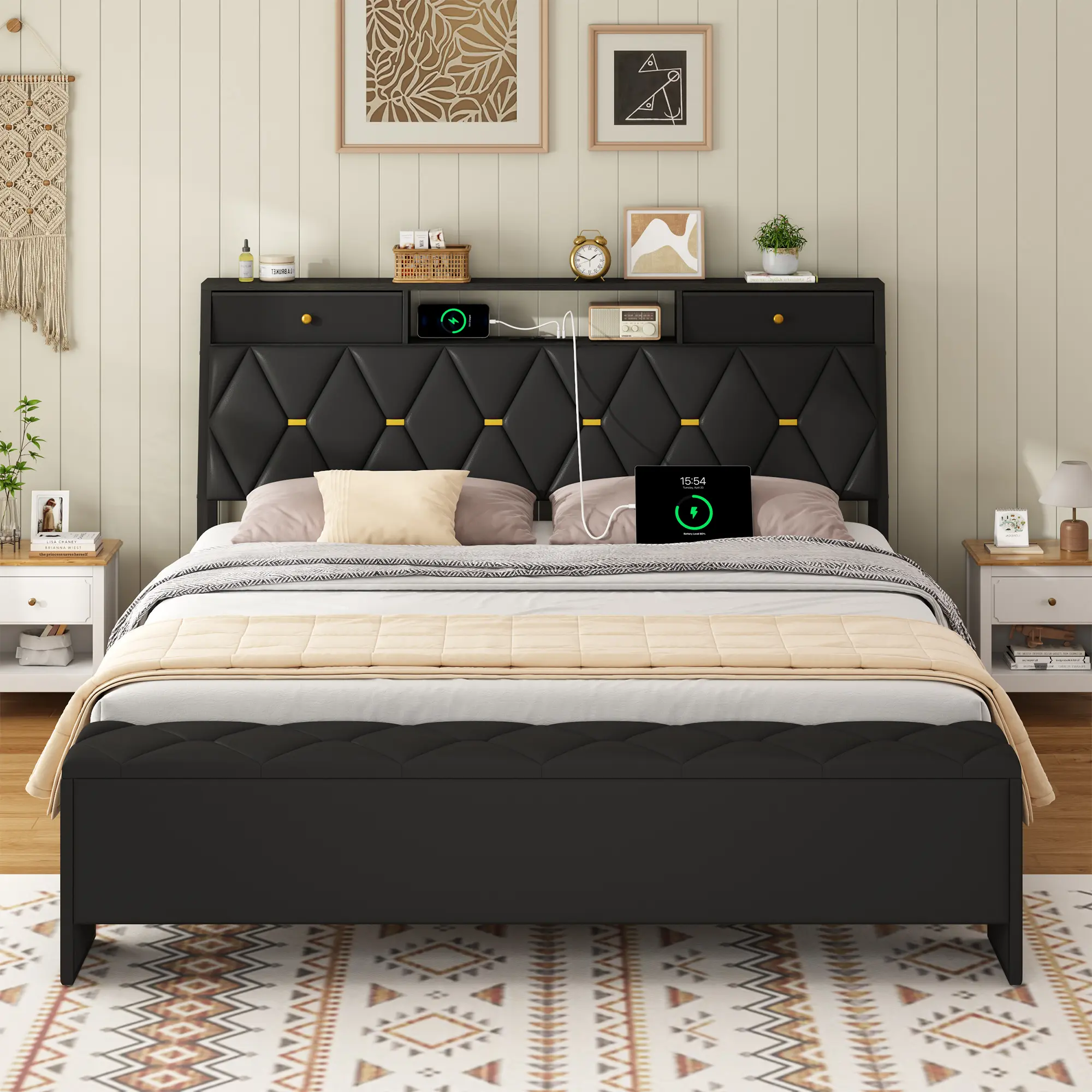 Bed Frame with Storage Bench, with 2 Drawers And Charging Station, No Box Spring Needed, Black
