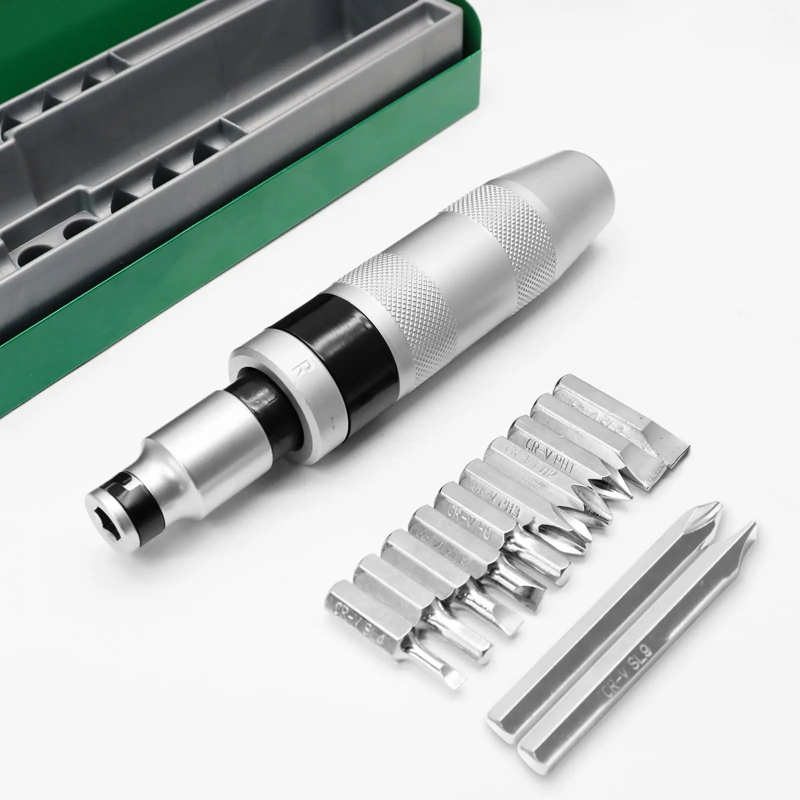 Manual impact screwdriver, 12 pieces with various tip styles: slotted, cross-head, hexagonal. Manual reversible impact driver. Ideal for loosening rusted fasteners or frozen bolts. A perfect manual tool for men, Dad.
