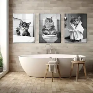3 Pieces B&W Cute Animal Funny Cat Art Prints, Bathroom Humor Wall Mural, Playful Home Art, Witty Gallery Decor, Monochrome Poster, Wall Decor for Restroom and Bathroom, Framed or Unframed Options Available.